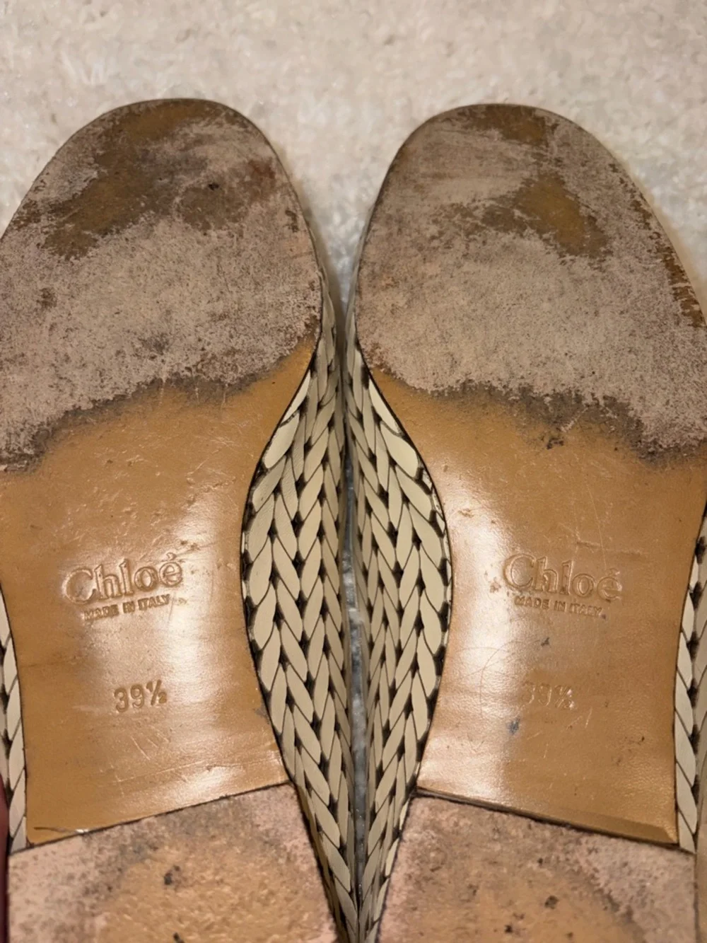 Chloe Cream and Tan Woven Leather Loafers with Gold C Accent - Picture 8 of 8